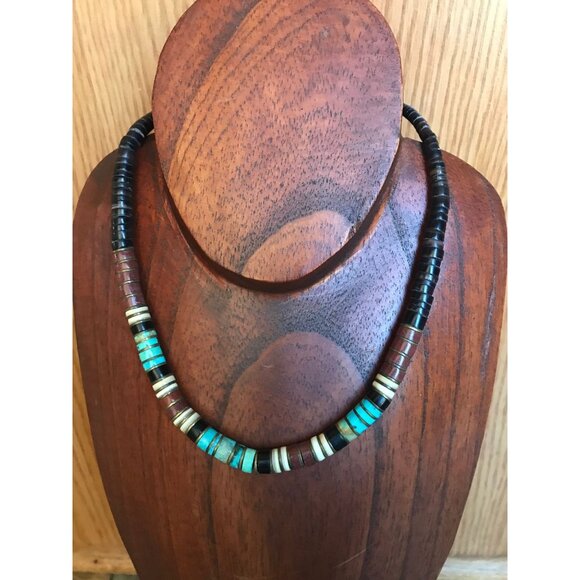 Vtg Heishi Necklace Shell Disc & Turquoise Beads With...